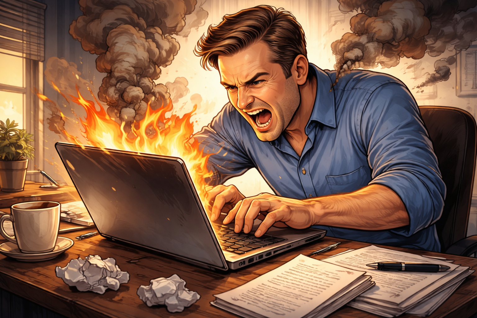 Man writing at laptop so angrily that it catches fire